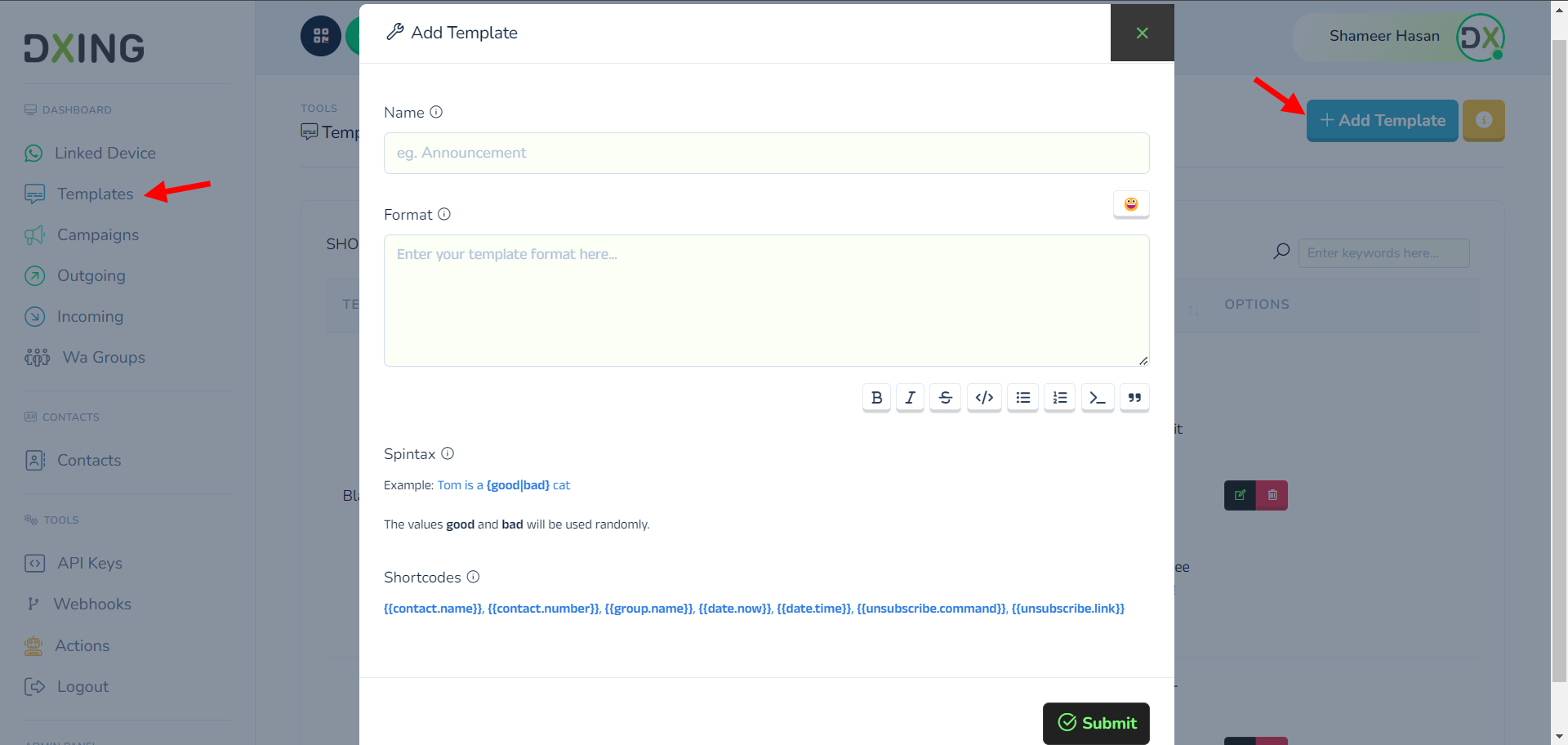 Access Templates Section